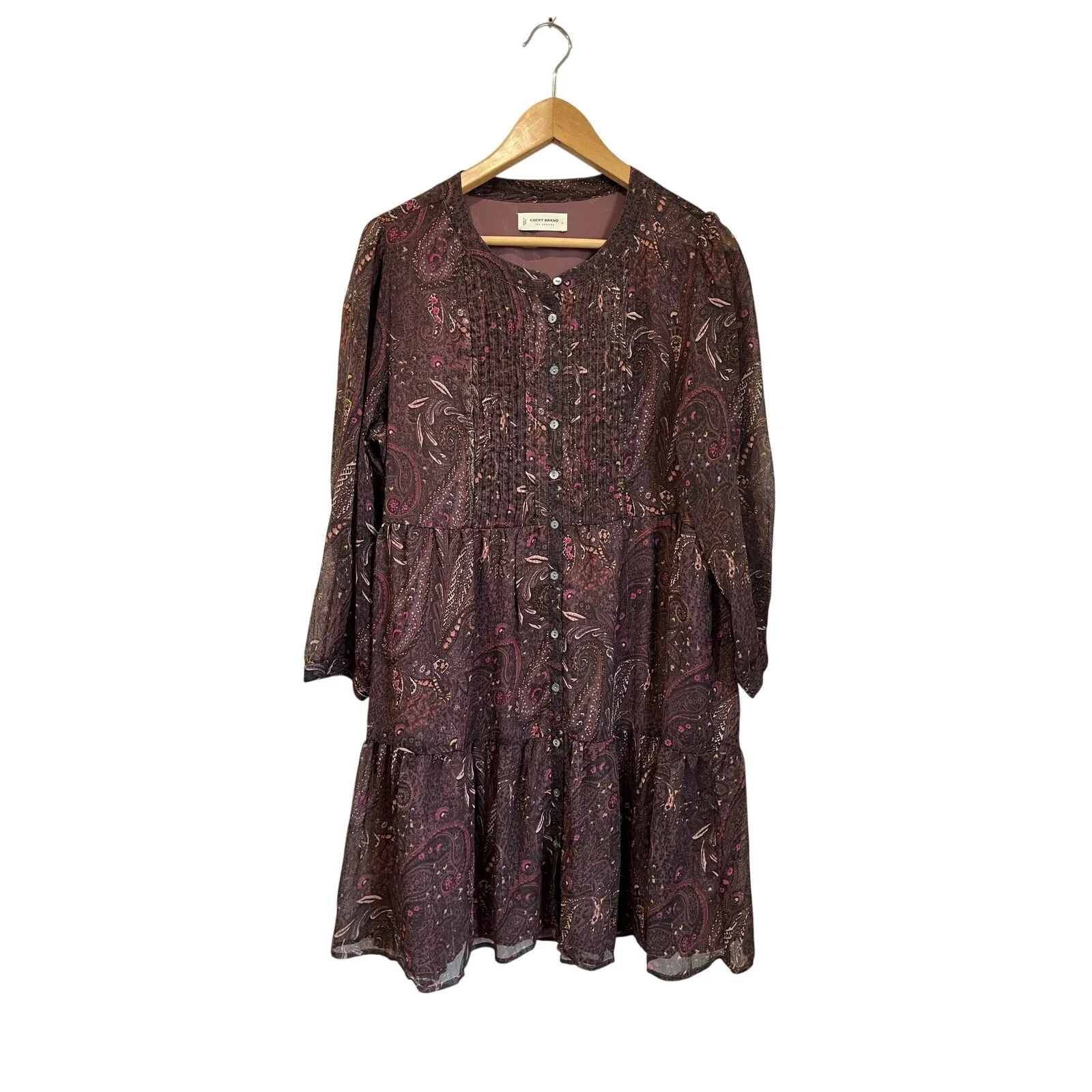 Lucky Brand Brown Paisley Babydoll Dress Boho Long Sleeve Size L - Image 2