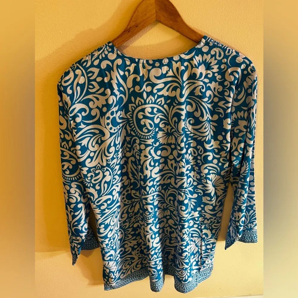 Free People Women's Bella Printed Tunic Blouse Long Sleeve Light Blue Size XL - Image 9