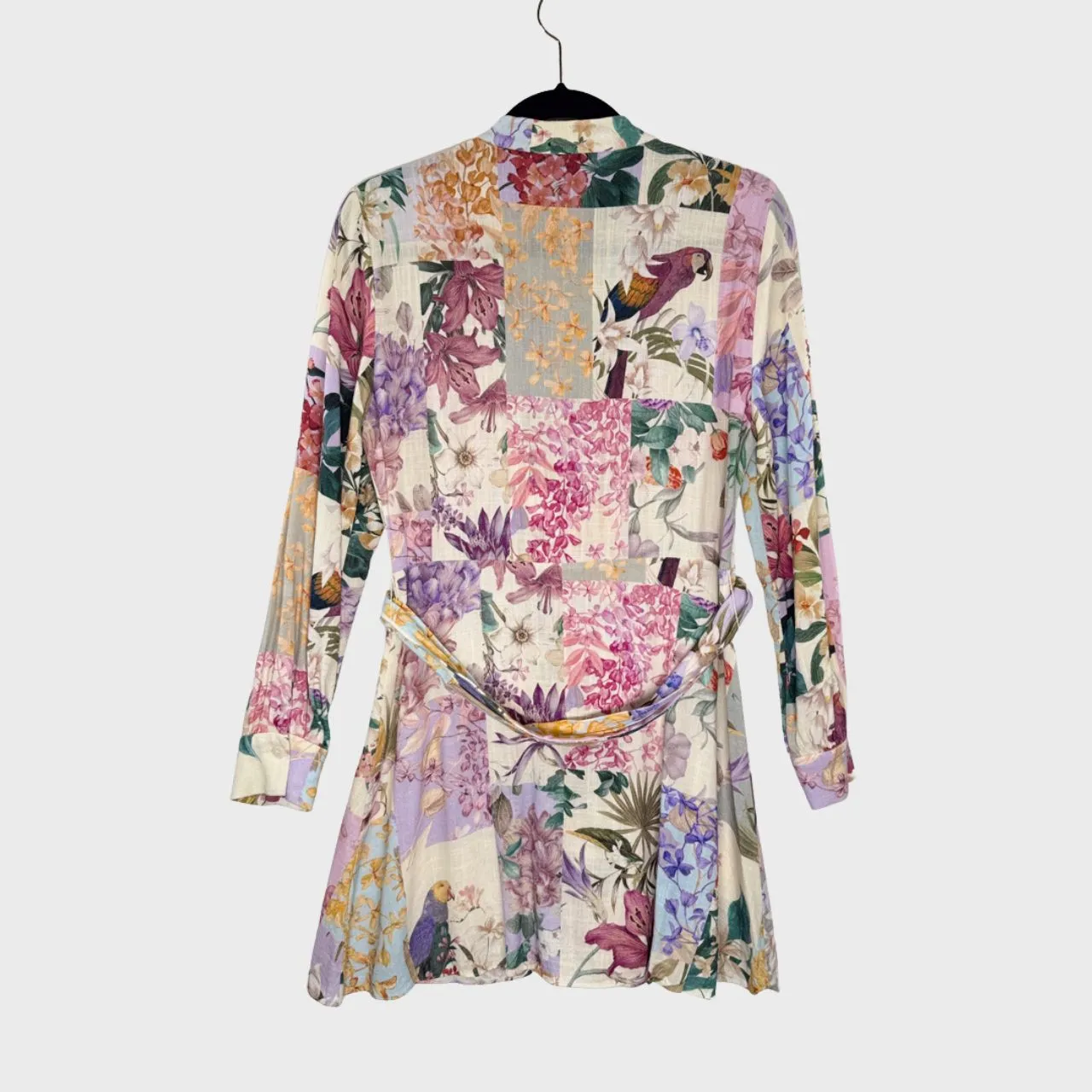 ZARA Dress Purple Mini Floral Patchwork Linen Shirtdress Waist Tie Boho Medium - Image 3