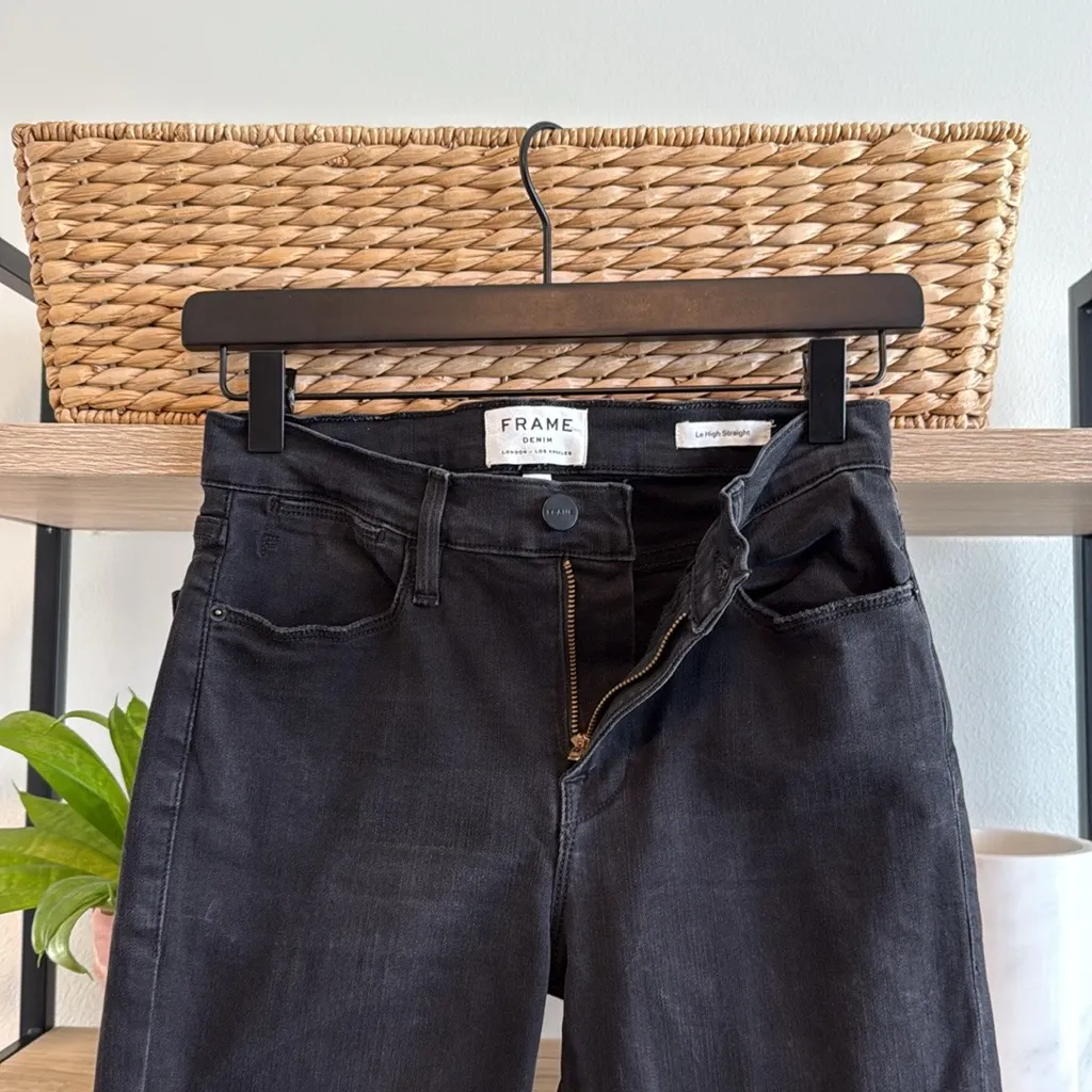 Frame Denim Le High Straight High-Rise Jeans in Mallard (Black), 26 - Image 6