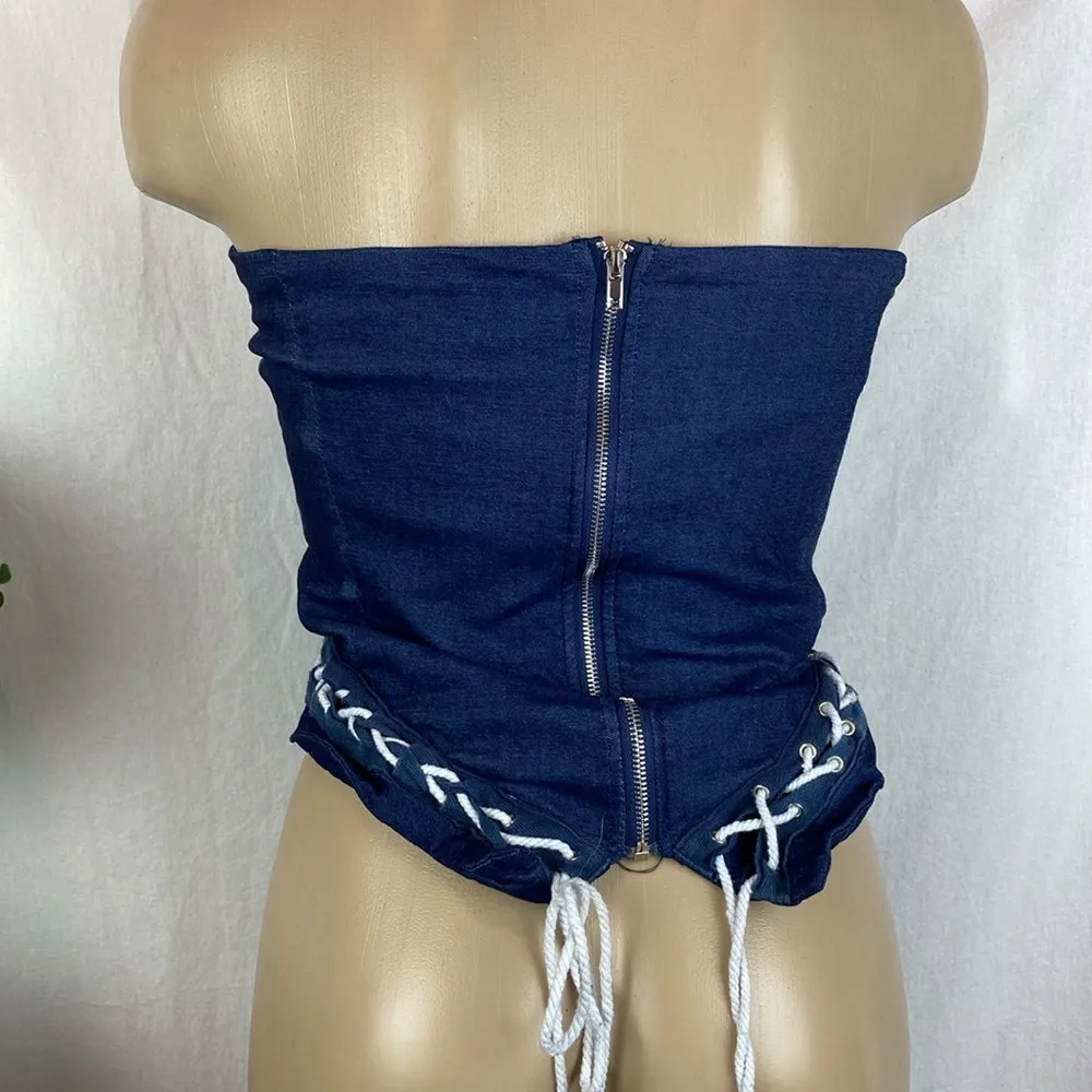 Love Highlight Blue Denim Tie Lace Up Sleeveless Strapless Corset Crop Top XL - Image 2