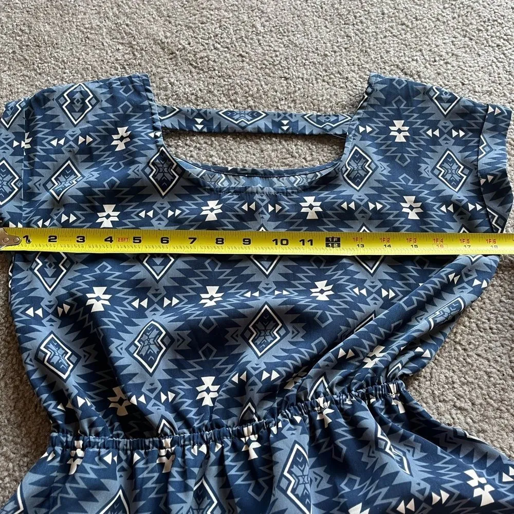 Pink Rose Women’s Blue Aztec Bohemian Print Pocket Short Sleeve Mini Dress Small - Image 8