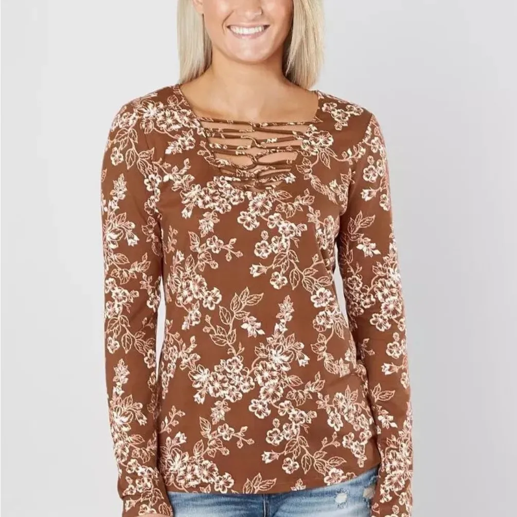 Daytrip Brown Floral Long Sleeve Top - Image 5