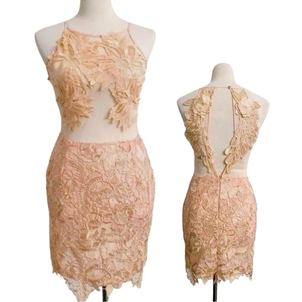 Strategic Illusion Dress Cream Lace Appliqué Sexy Club Party Night Out Mini Med - Image 2
