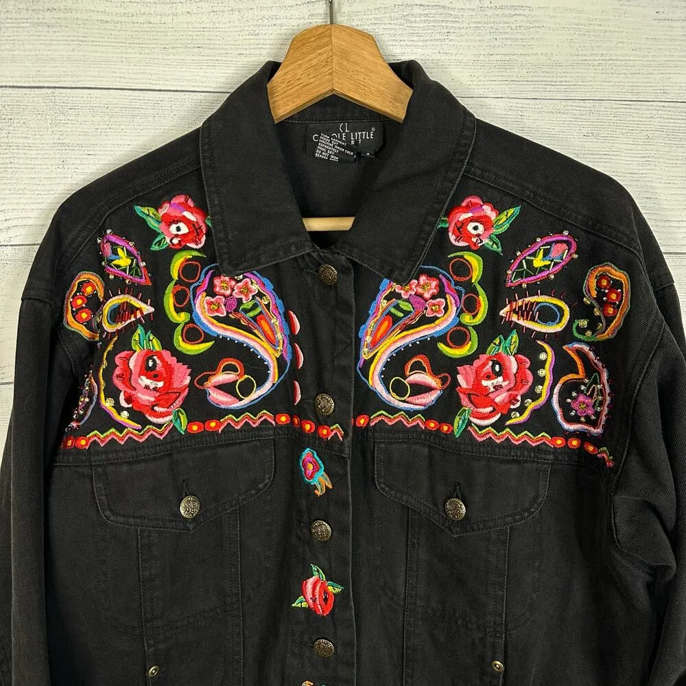 Carole Little Sport Women 4 Embroidered Beaded Oversized Denim Jacket Boho Artsy - Image 4