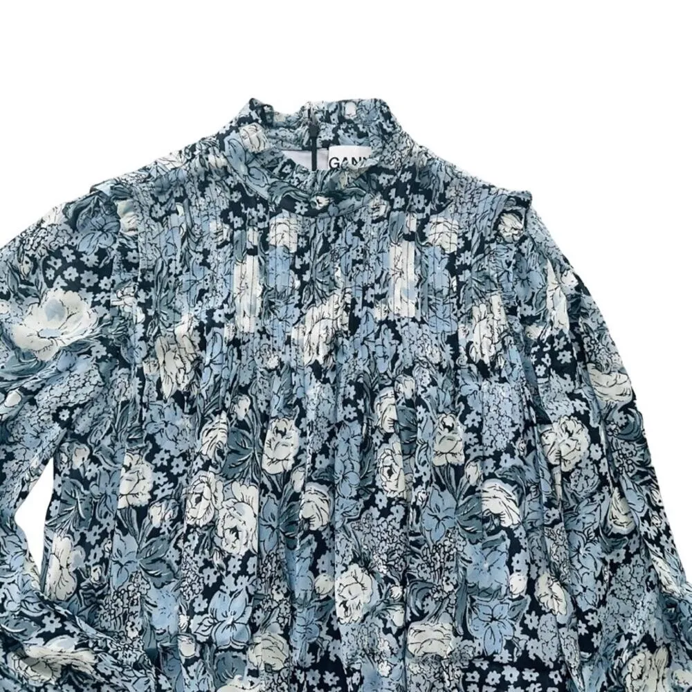GANNI Elm Georgette Mini Dress Blue Floral Size 40 Long Sleeve Modest Viscose - Image 5