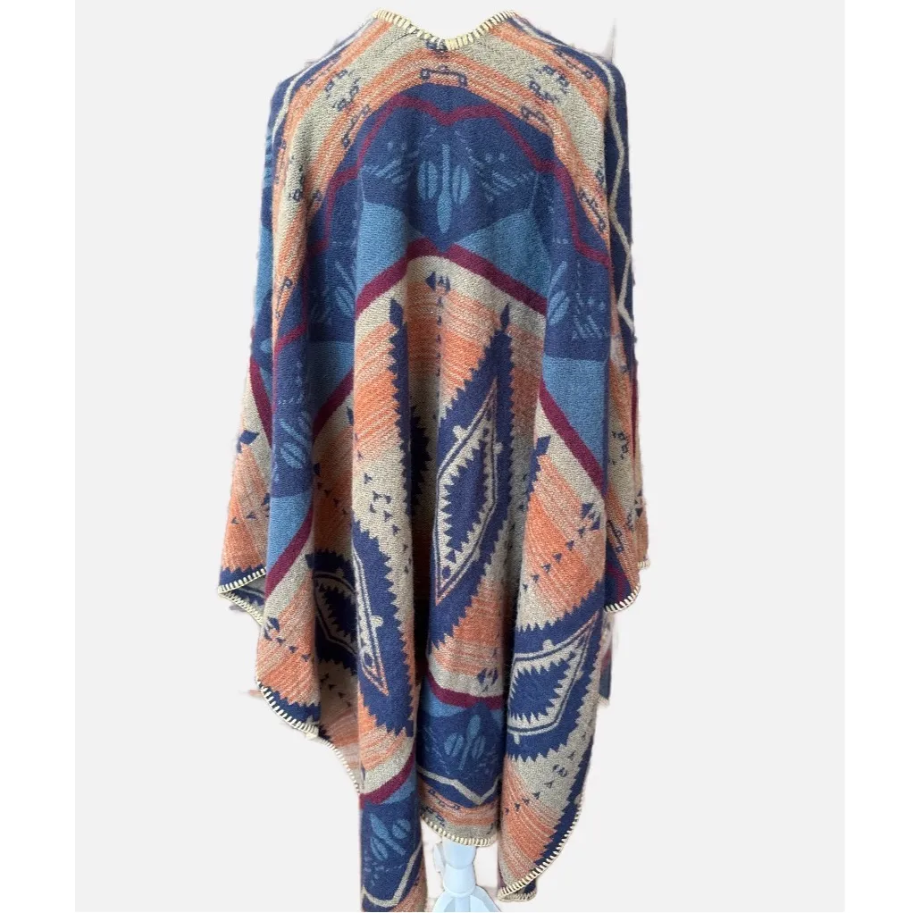 Aztec Print Open Front Blanket Poncho Wrap Sweater navy tan colorful - Image 3