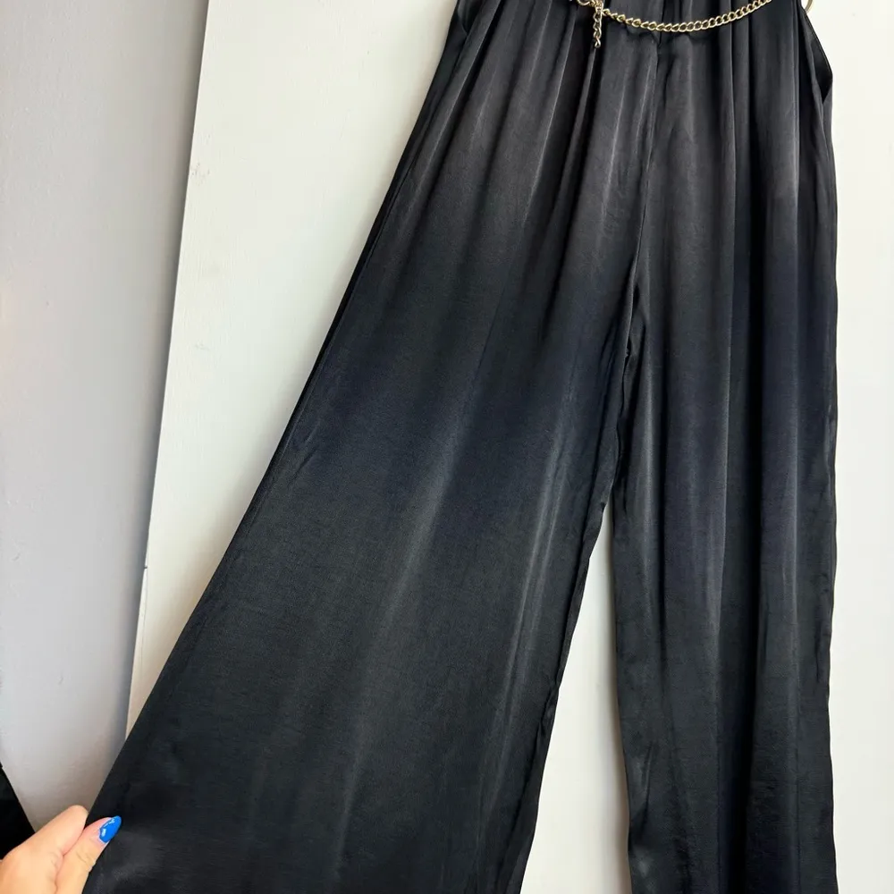 NWT Zara Black Satin Wide Leg Jumpsuit Sz Medium Gold Chain Belt - Image 14