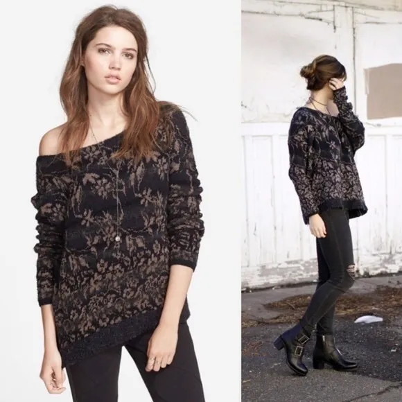 Free People • Floral Fields sweater black tan knit linen alpaca fuzzy zipper - Image 2
