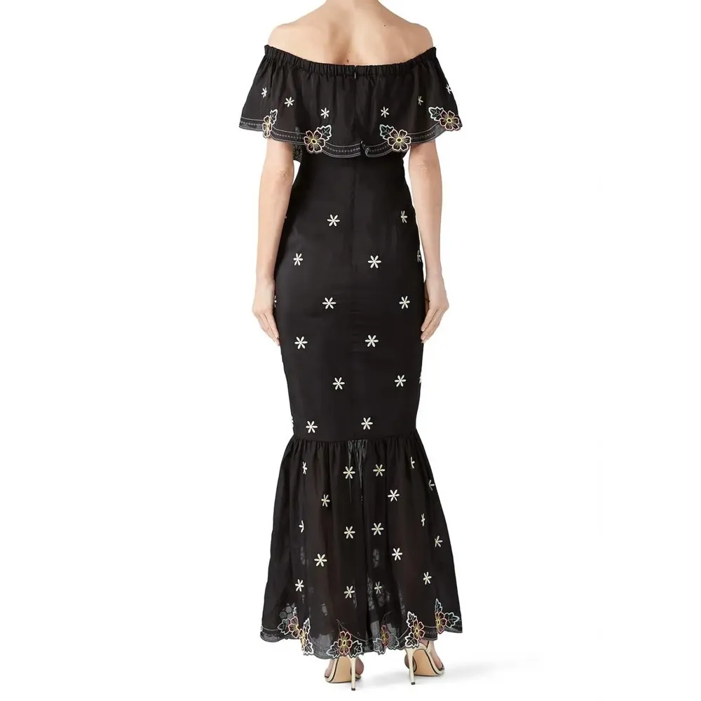 Alice McCall Black Floral Embroidered Honeycomb Daisy Off Shoulder Dress Size 2 - Image 2