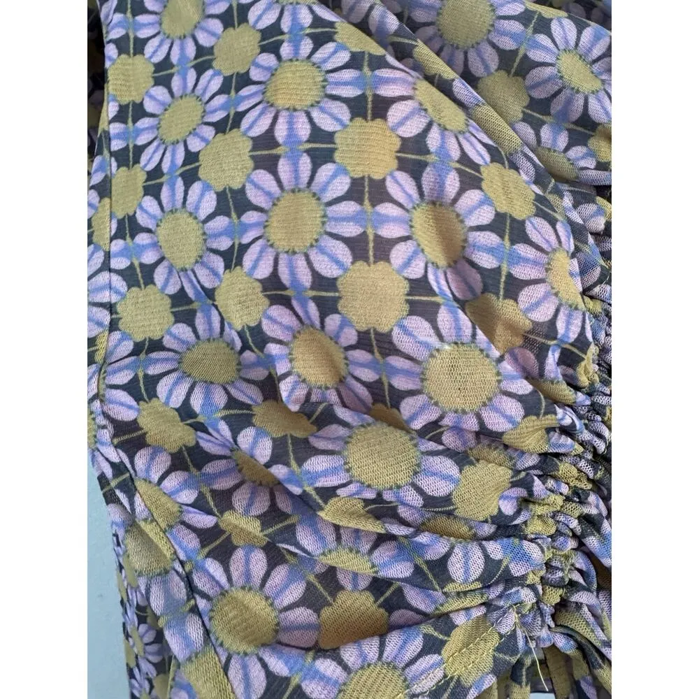 Urban Outfitters UO Shona Cinched Cropped Mesh Top Floral Retro Sheer Sz Large - Image 7