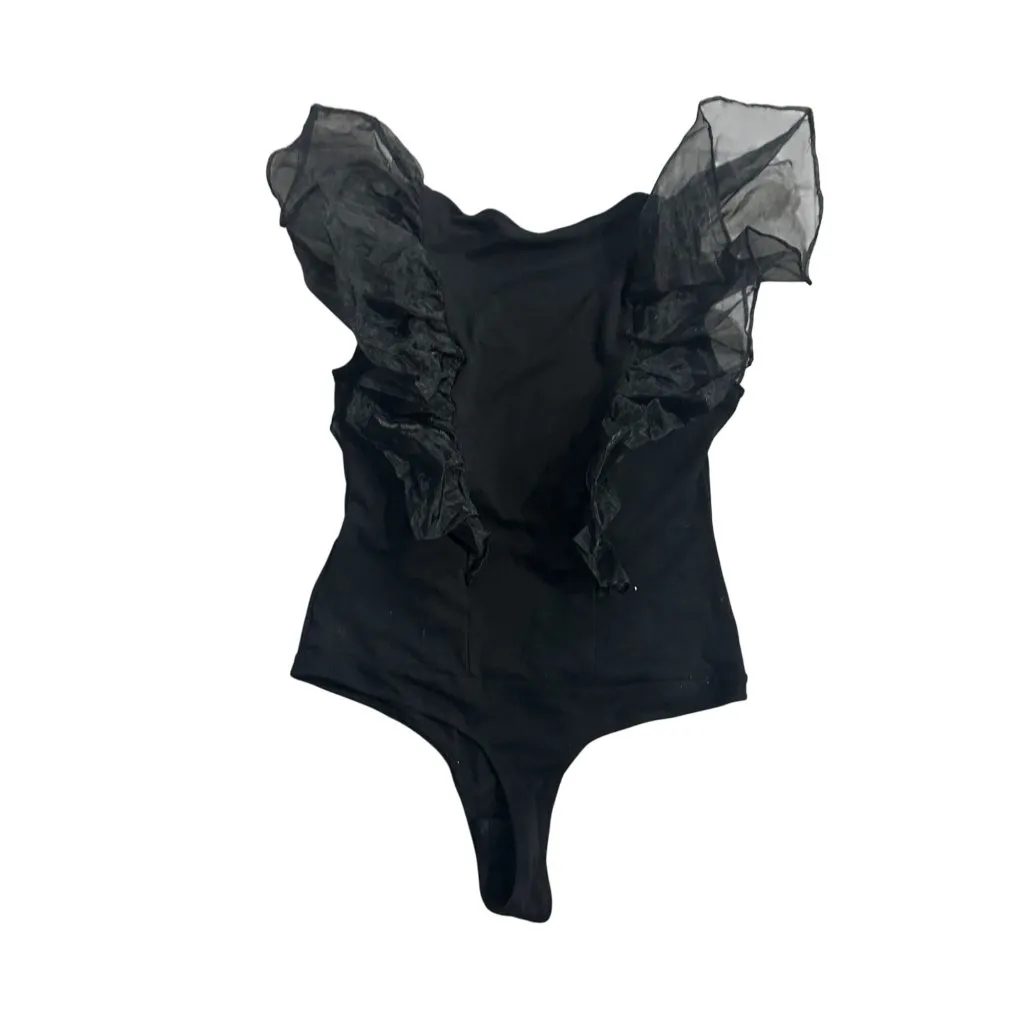 NY & CO Black Ruffle Shoulder Bodysuit Size Small - Image 2