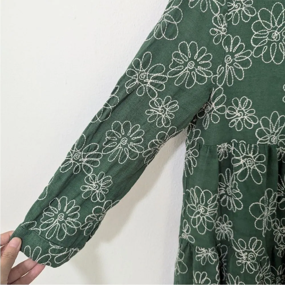 Zara Diana Floral Embroidered Tiered Mini Dress Linen Long Sleeve Green L - Image 5