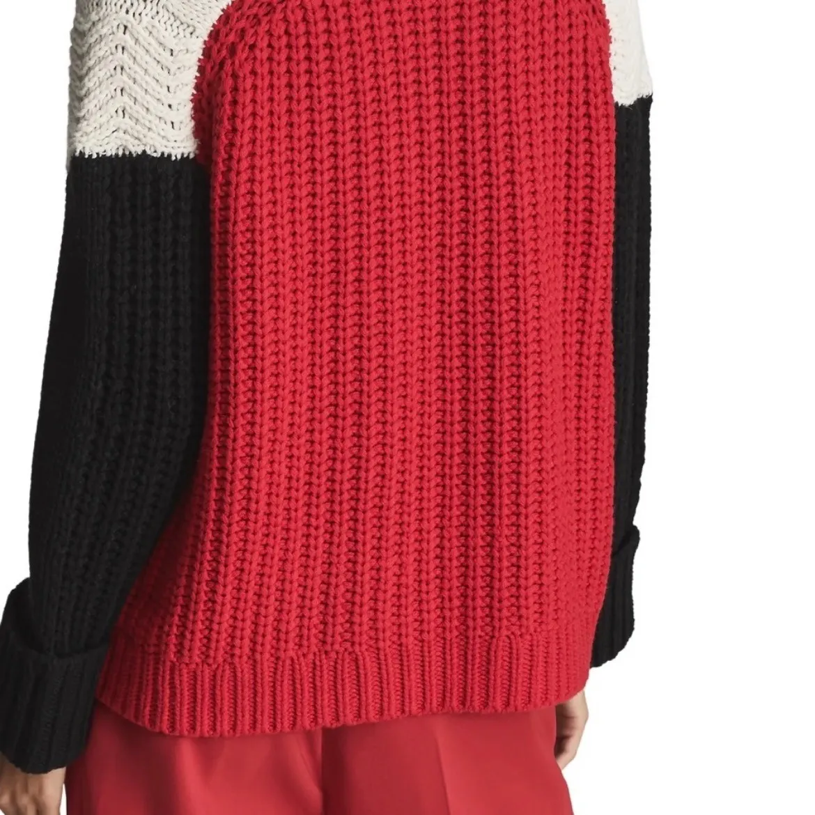 REISS Colorblock Chunky Knit Turtleneck Sweater Cream Black Red XS - Image 3
