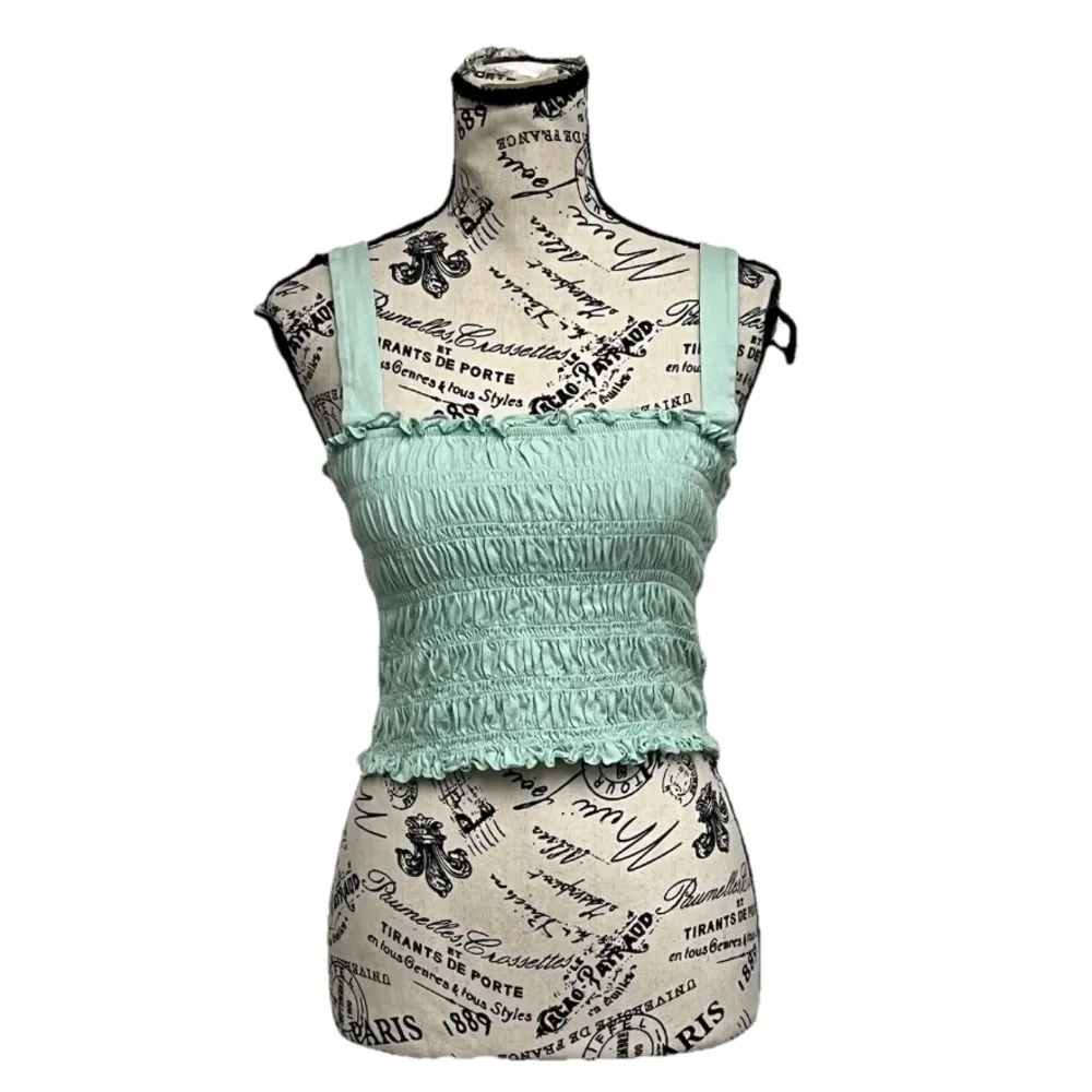 American Eagle Green Smocked Crop Top Beach Coastal Preppy M Kelly Boho Peasent - Image 3