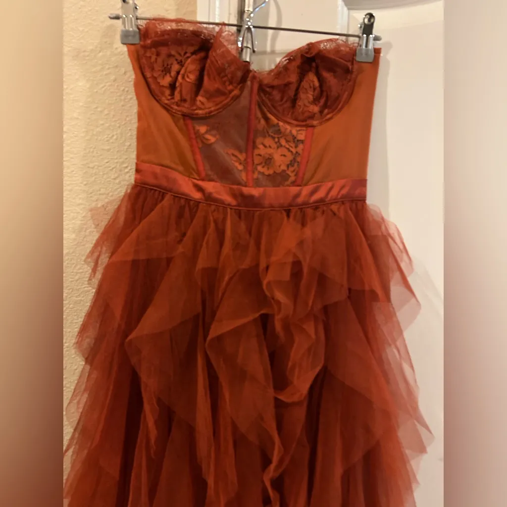 For Love & Lemons Bustier Ruffle Tiered Gown in Rust - Image 4