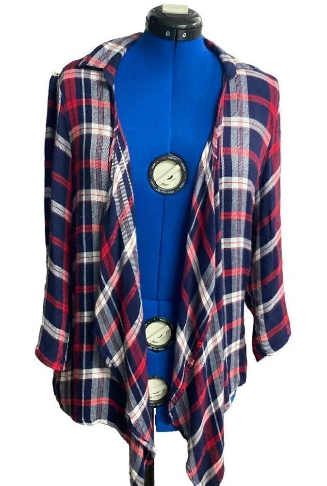 JUSTIFY Plaid Crochet Open Front Cardigan Shrug Large Red Blue White & Ivory - Image 1