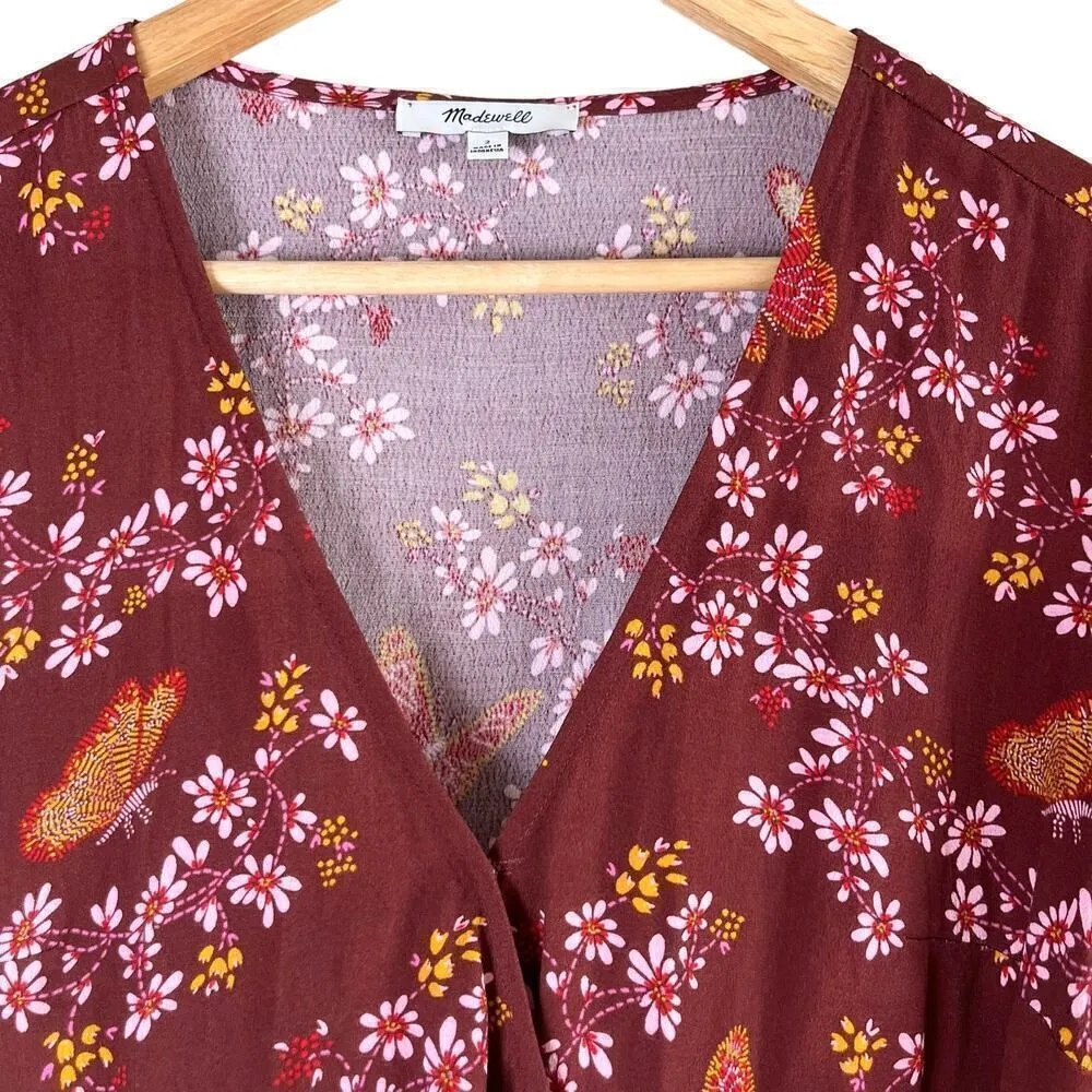 Madewell Tie-Sleeve Wrap‎ Top in Maroon Floral Butterfly Sanctuary Print, Size 2 - Image 3