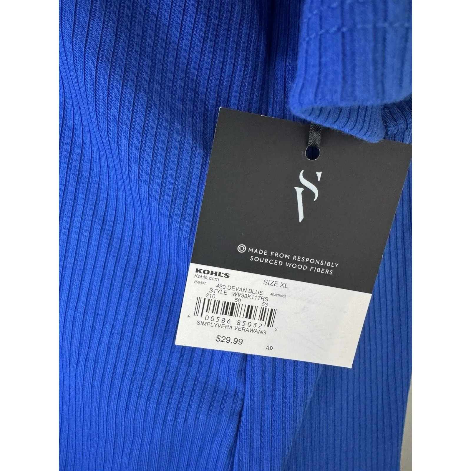 Simply Vera Wang Tee Blue Size XL Ribbed Short Sleeve Fitted Women’s Top NWT - Image 3