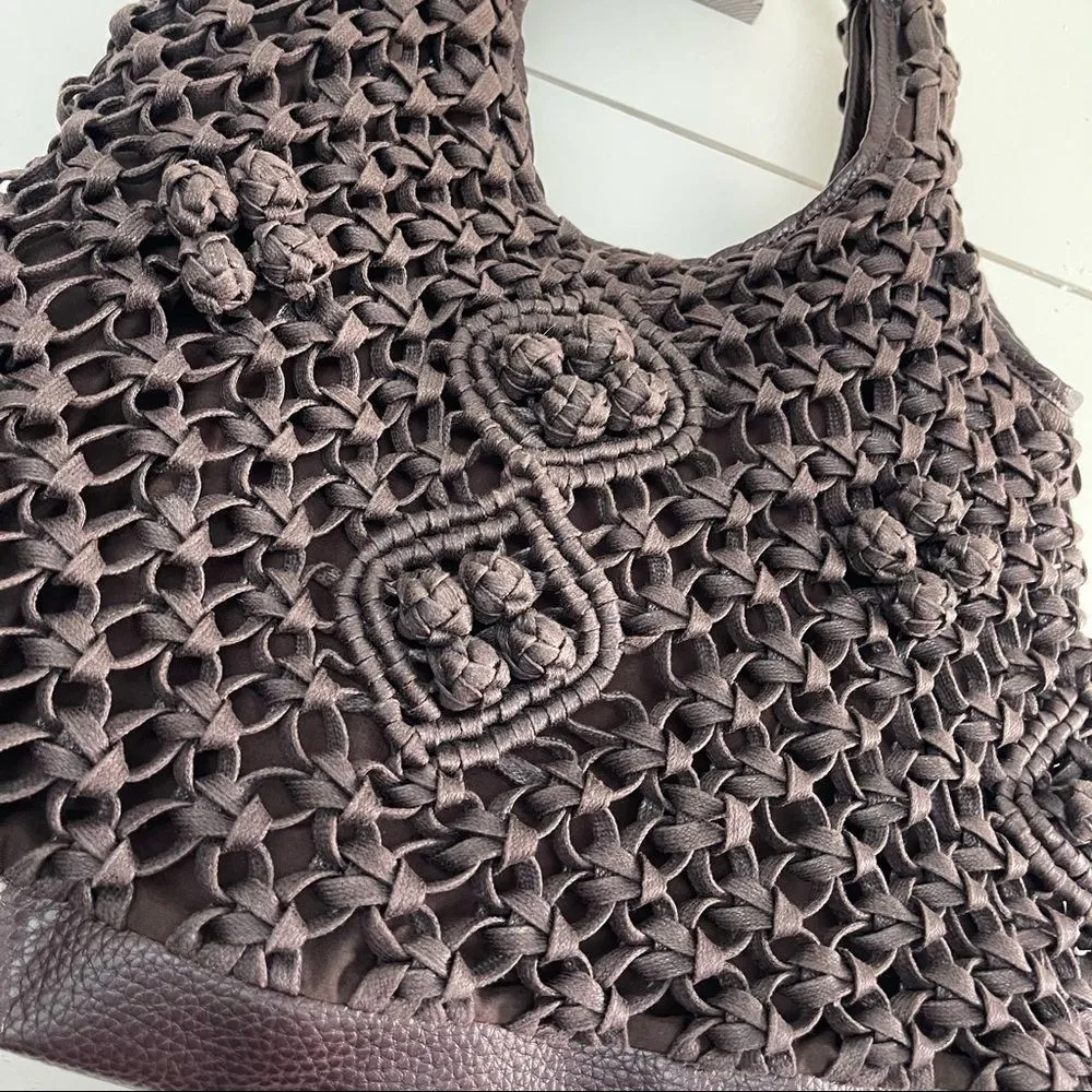 Hobo Brown Woven Slouchy Shoulder Bag Rosette Boho Brown - Image 2