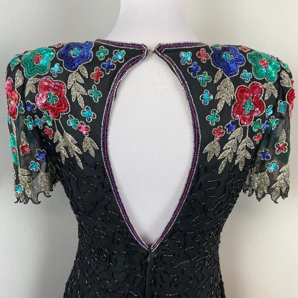 Vintage 80s Scala Black Fully Beaded Floral Silk Sheath Cocktail Dress Size 6 - Image 7