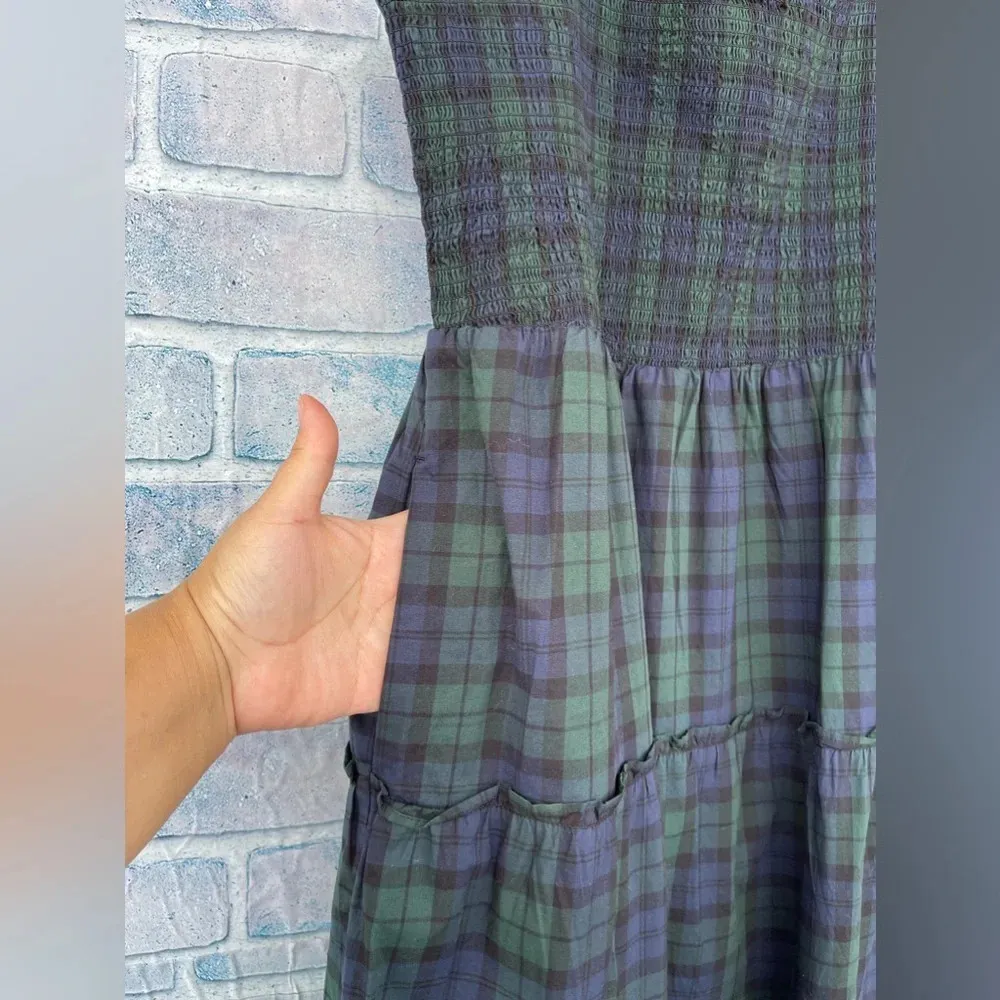 J. Crew Cotton  Smocked Tiered Plaid Midi Dress in Navy Green Tartan medium - Image 6
