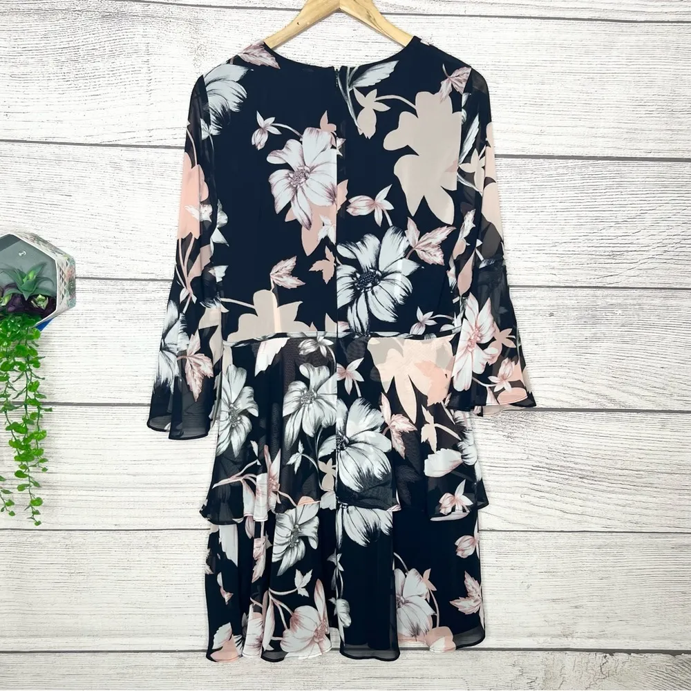 NWT Vince Camuto Floral Navy Blue & Pink Tiered Chiffon Dress Size 10 Medium - Image 10