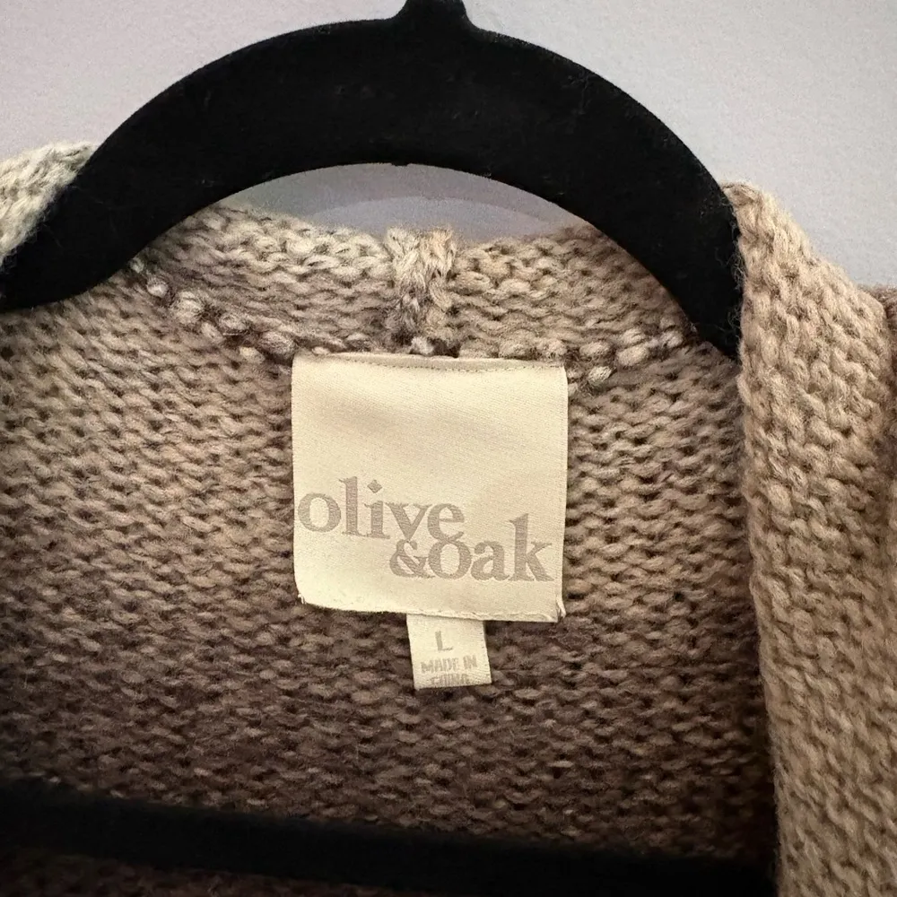 Olive & Oak Brown Tan Cardigan Sweater with Tie Belt and Hoodie in Size L - Image 2