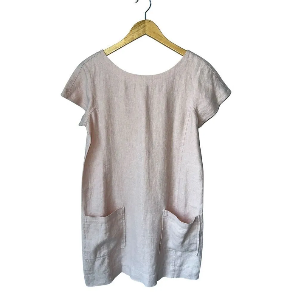 Eileen Fisher 100% Organic Linen Bateau Neck Short Sleeve Patch Pocket Shift Dre - Image 3