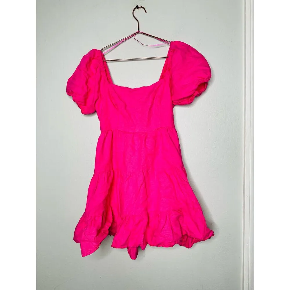 LOUNA Pink Linen Blend Tiered Puff Sleeve Tie Back Square Neckline Mini Dress S - Image 7