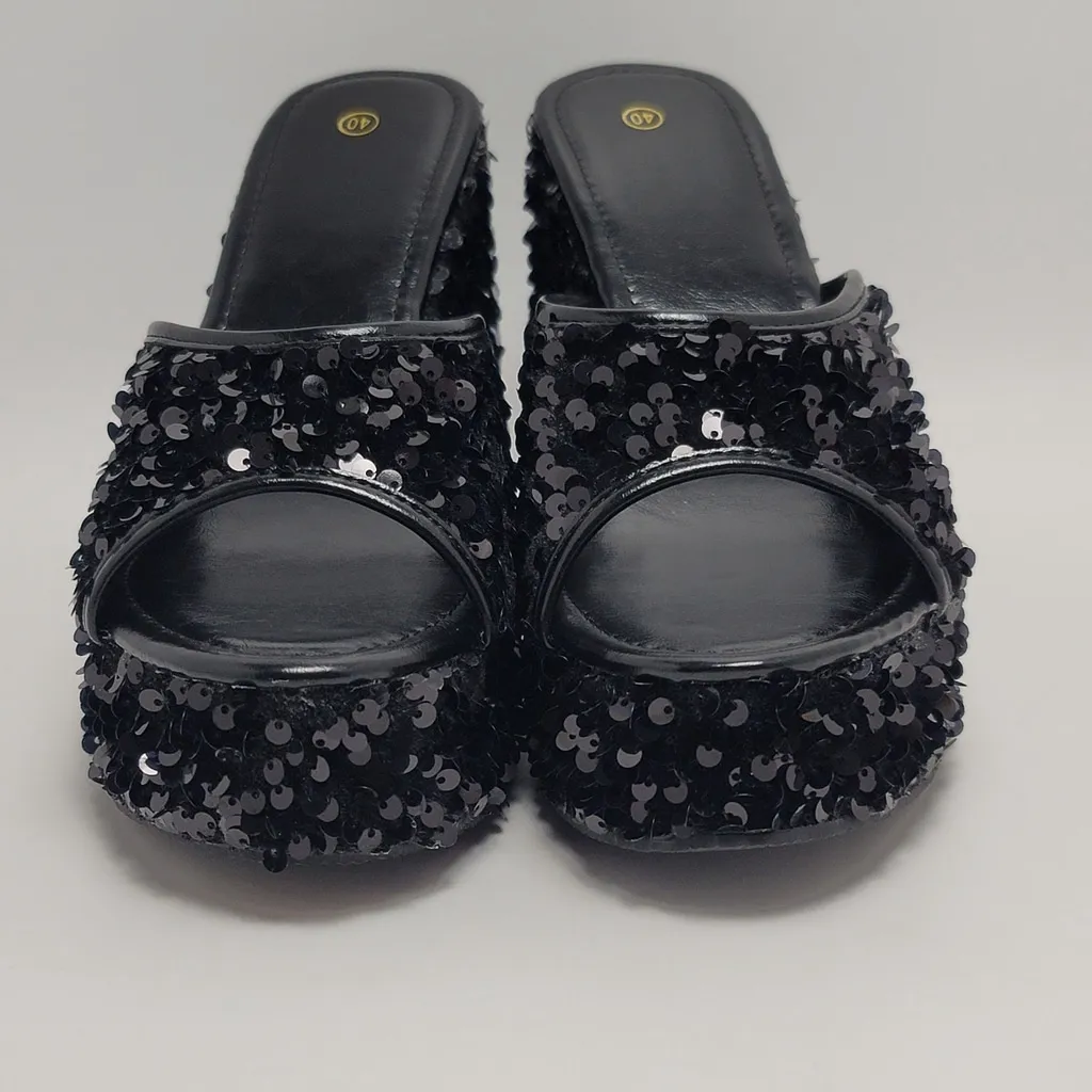 Black Sequin Embellished Black Glitter Platform Wedge Heel Slide Sandals Size 40 - Image 7