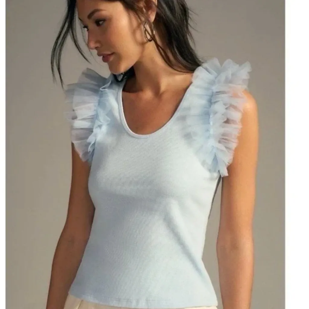 NWOT Anthropologie Dolan  Tulle Ruffle Sleeve Tank Blue Ribbed Knit Top - Image 2