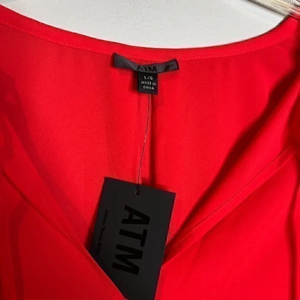 ATM Tie Neck Crepe Georgette Tunic Top in Flame NWT Red Size L - Image 4