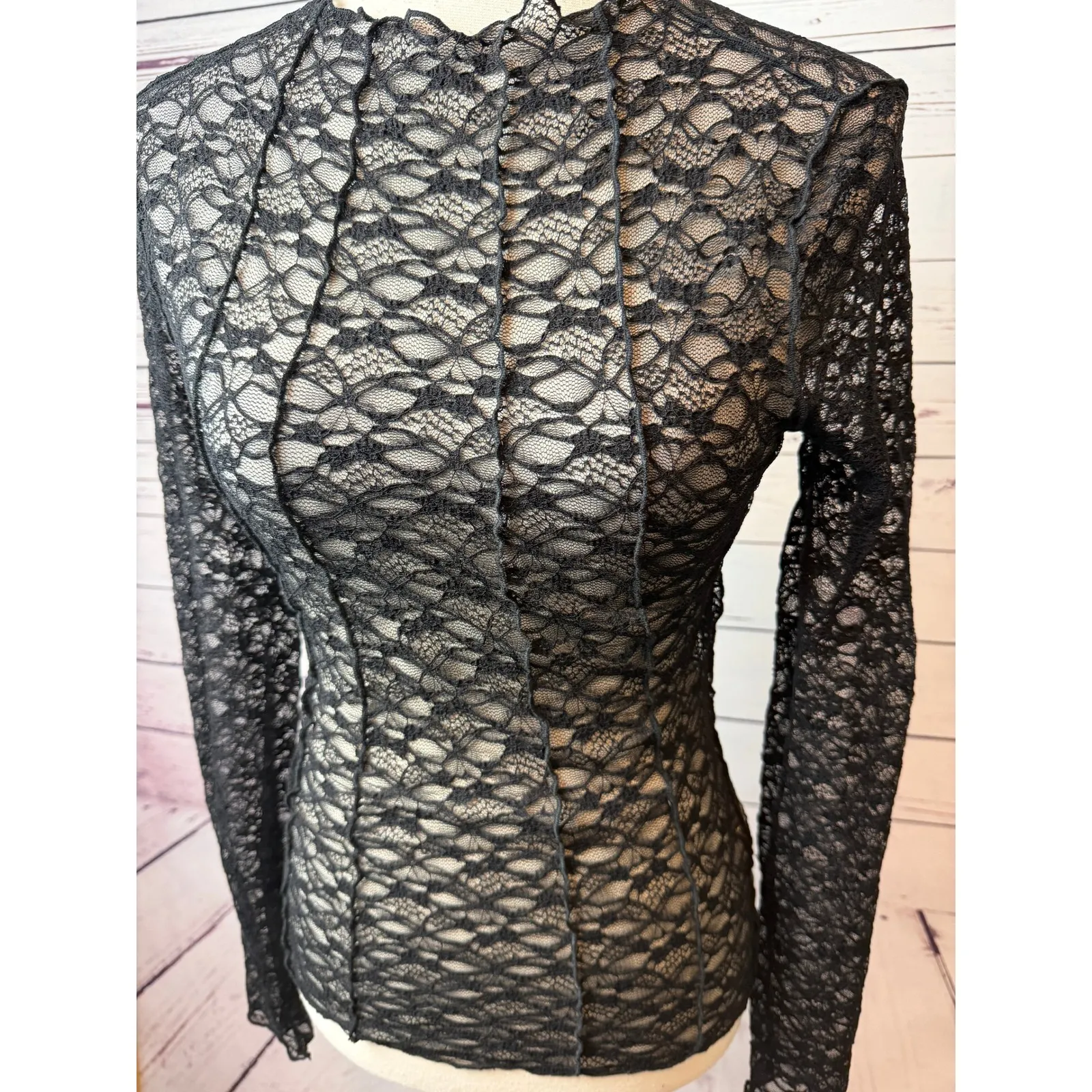 Lace Mock Neck Long Sleeve Sheer Top Small Sexy Y2K 90s ILLA ILLA Black Shirt - Image 5