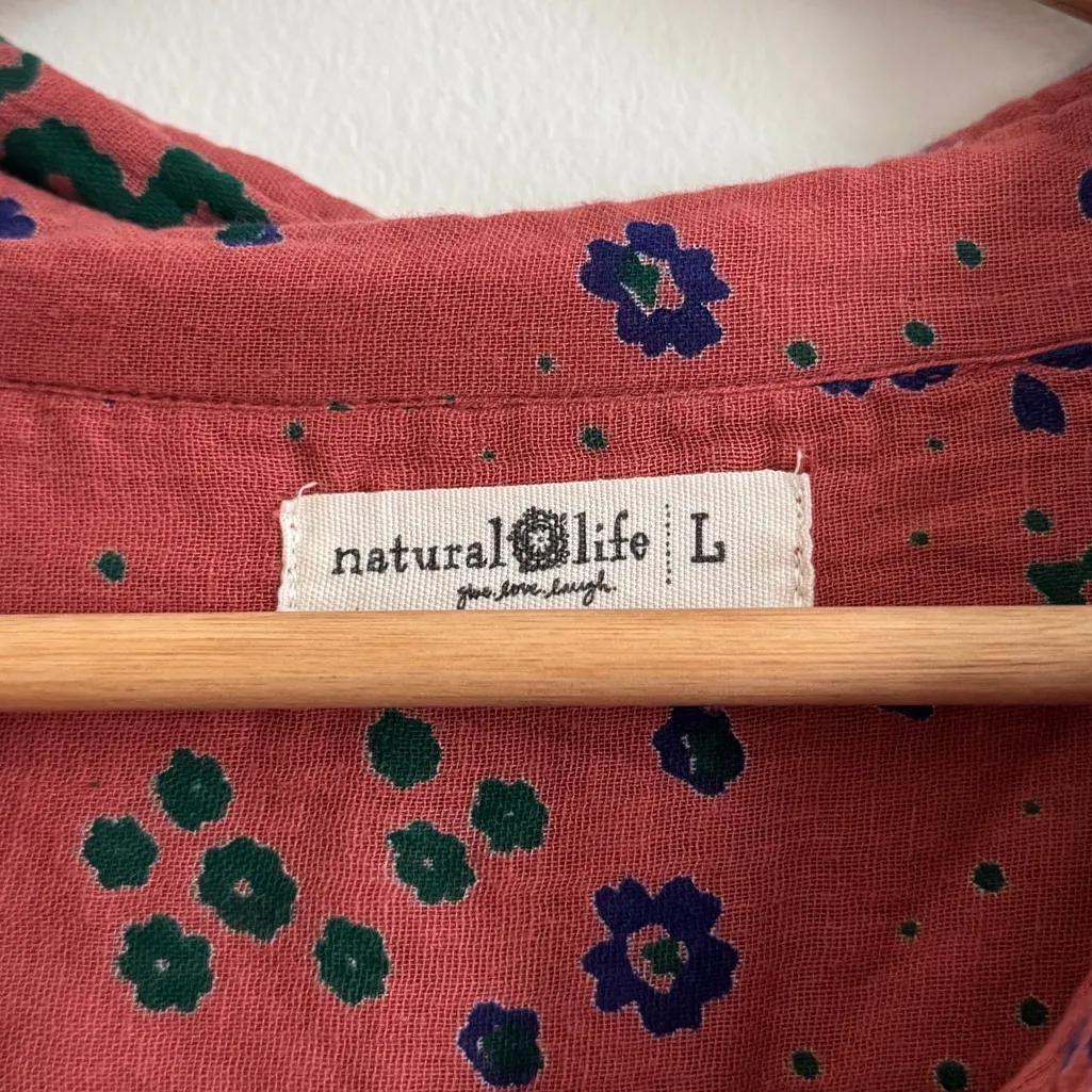 Natural Life Georgia Guaze Shirt Dress Size Large Floral Orange Blue Cotton - Image 4