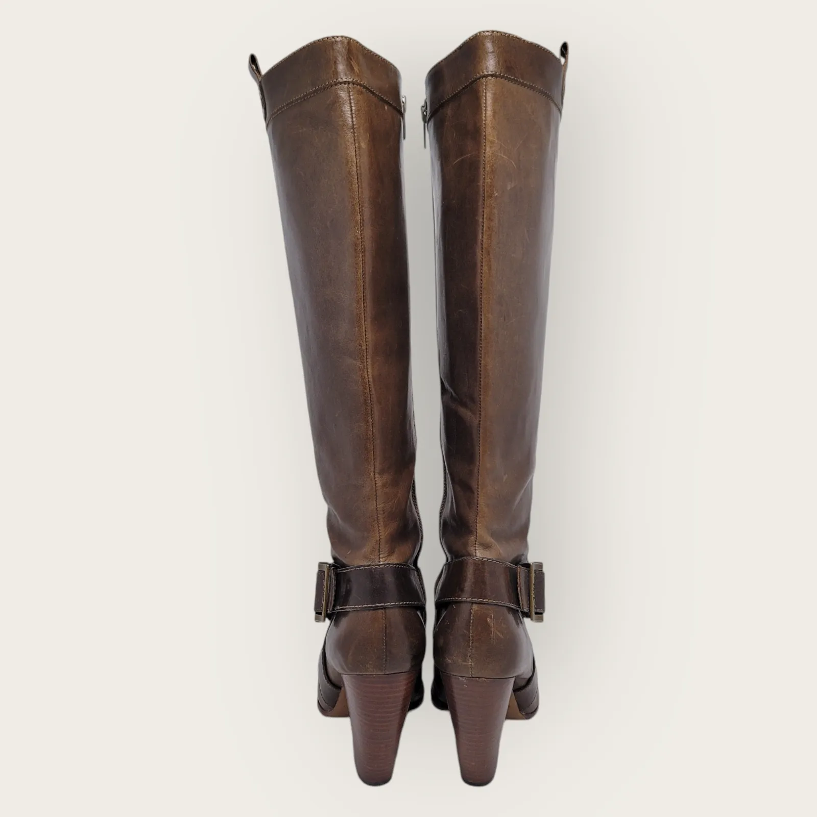 Frye Andrea Belted Tall Full Zip Brown Leather Riding Boot Size 10M 77321 - Image 9