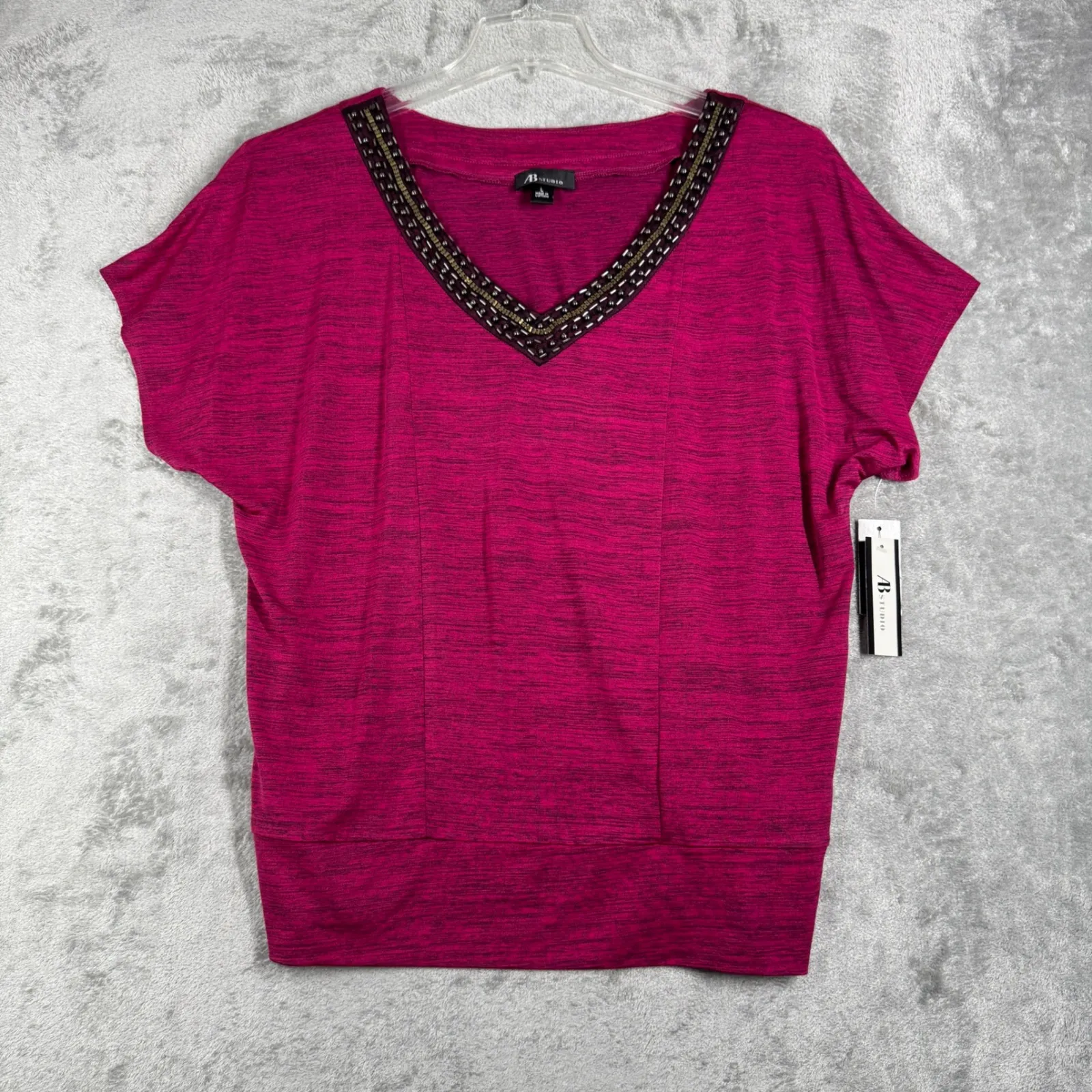 AB Studio Embellished V Neck Top Womens L Pink Magenta Short‎ Sleeve Blouse NWT - Image 2