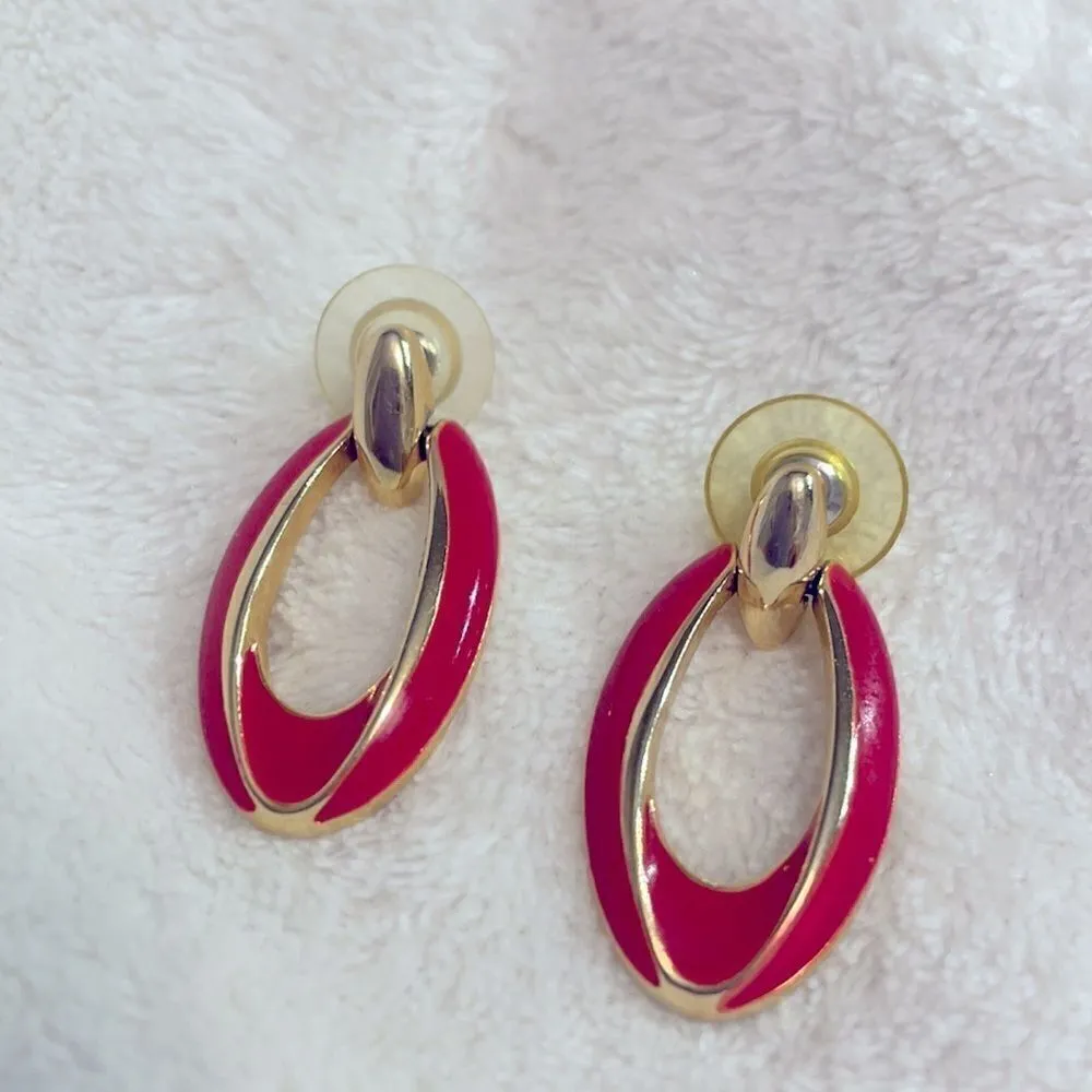 Y2K Vintage Red Enamel Oval Hoop Dangle Earrings Red - Image 3