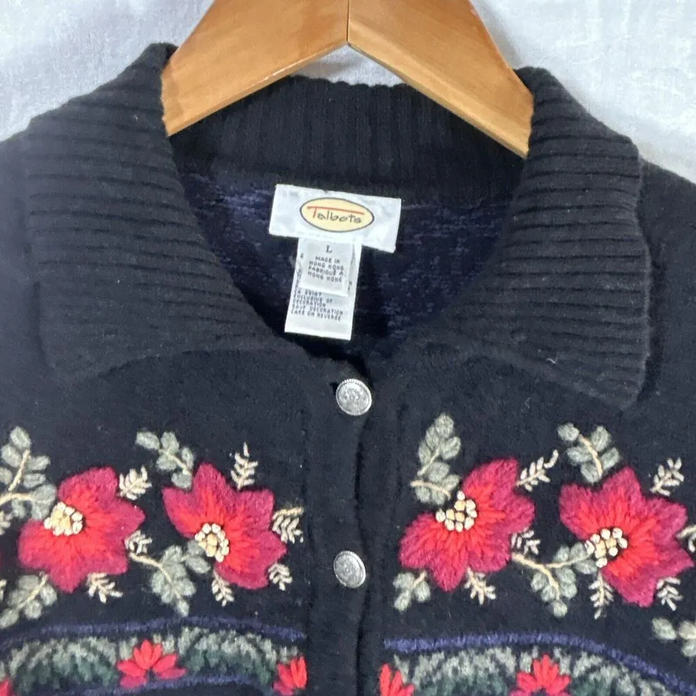 Vintage Cardigan Sweater Large Black Lambswool Silk Floral Embroidered 3D Talbot - Image 11