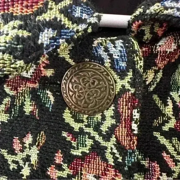 The Tog Shop Blazer Size 12 Petites Jacket Floral‎ Carpet Jacquard Metal Buttons Green - Image 14