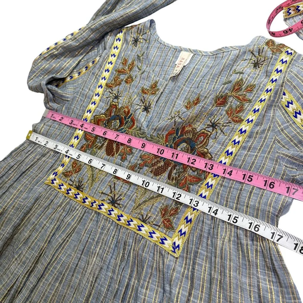 Raga Boho Embroidered Bell Sleeve Striped Floral Baby Doll Top Blue Multi Small - Image 11