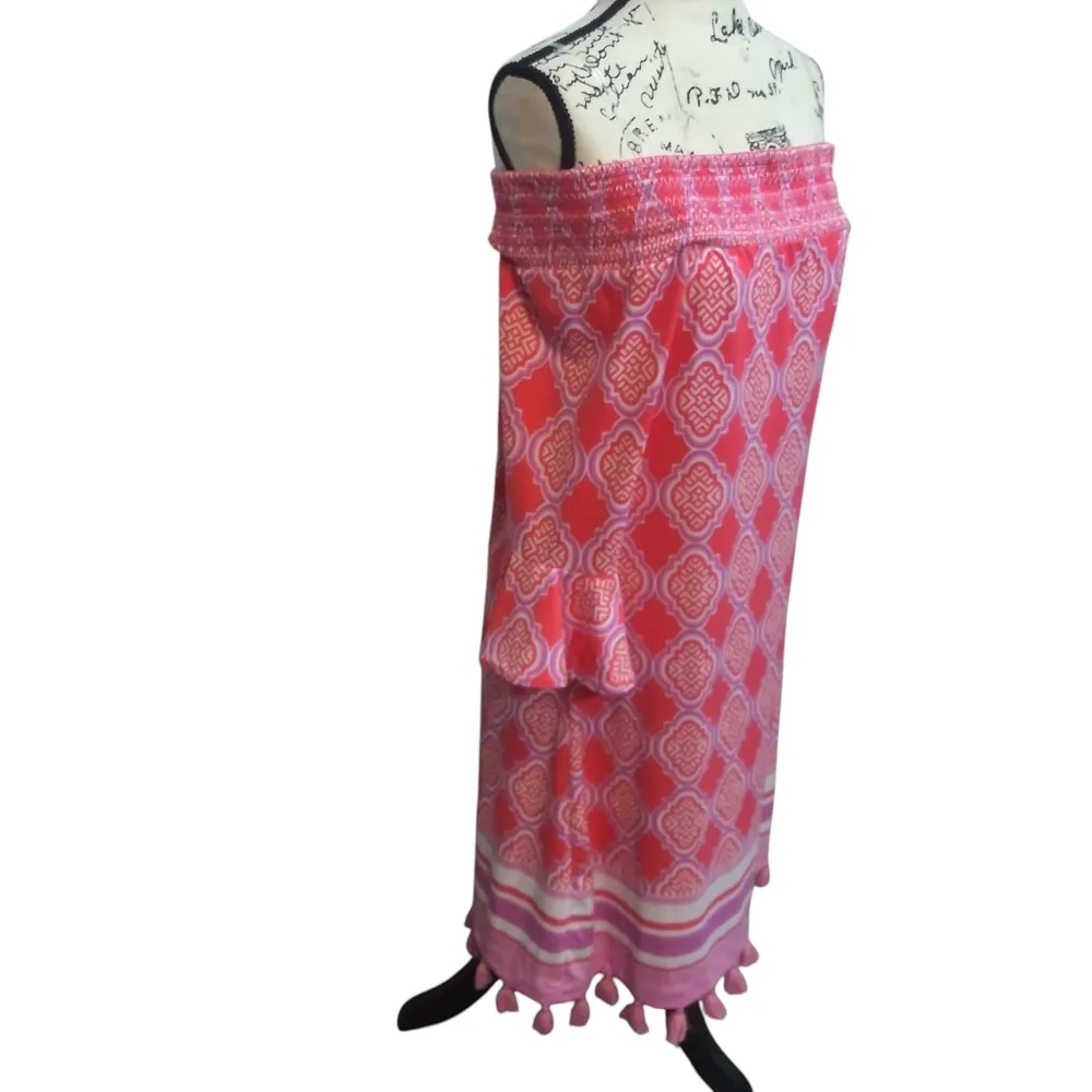 Cabana Life Coral Geo Coverluxe Off Shoulder Smocked Dress Tassels Vacation Sz L Pink Size L - Image 3