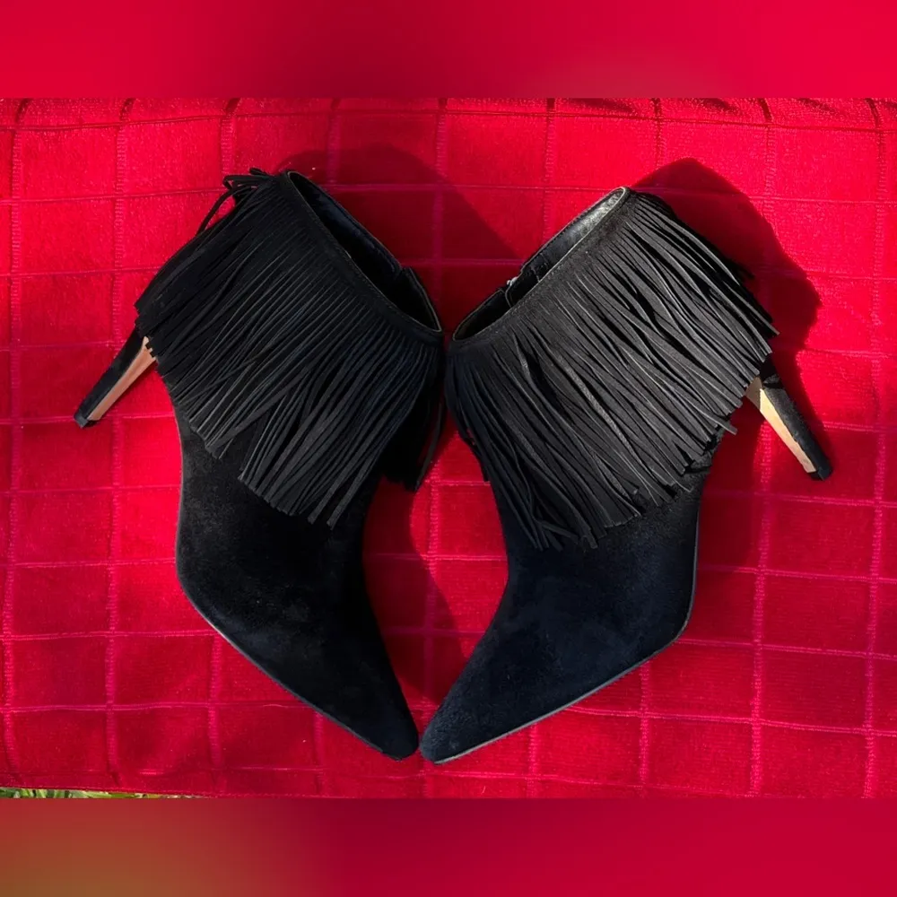 Sam Edelman Kandice Suede Fringe High Heel Booties Black Size 6 EUC - Image 5