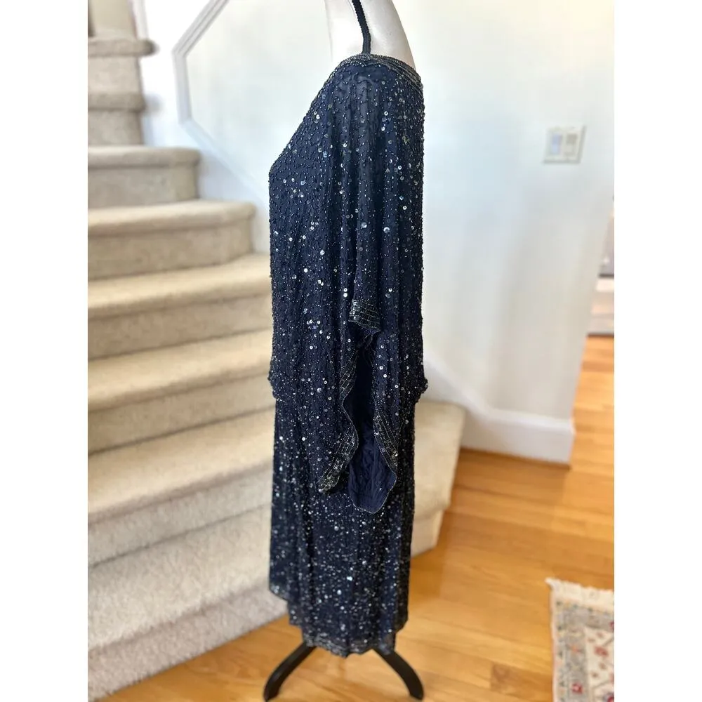 Patra Navy Beaded Silk Draped Scoop Neck Cocktail Dress Blue Size 20W - Image 4