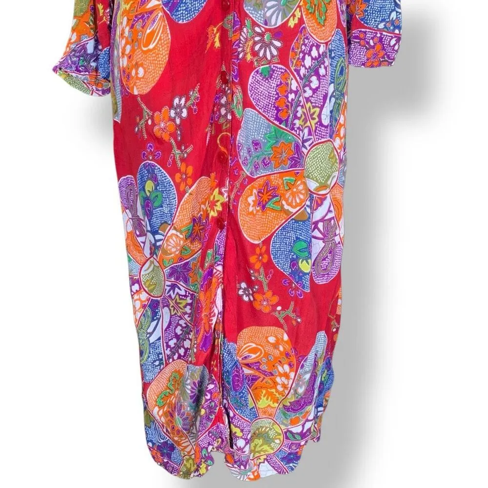 Vintage 90s Le Mieux Shirt Dress Psychedelic Red Floral Print Long Sleeve 10 - Image 3