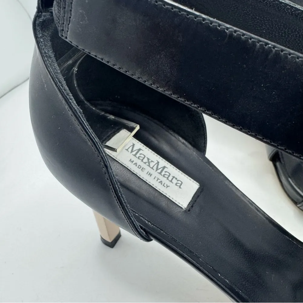 Max Mara Strappy Leather Heeled Square Toe Sandals Black Ivory Size 39 - Image 7