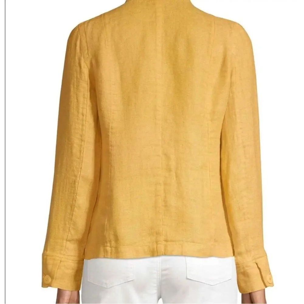 Eileen Fisher Linen Shacket Mustard Yellow Pockets Cuff Button Size M - Image 3