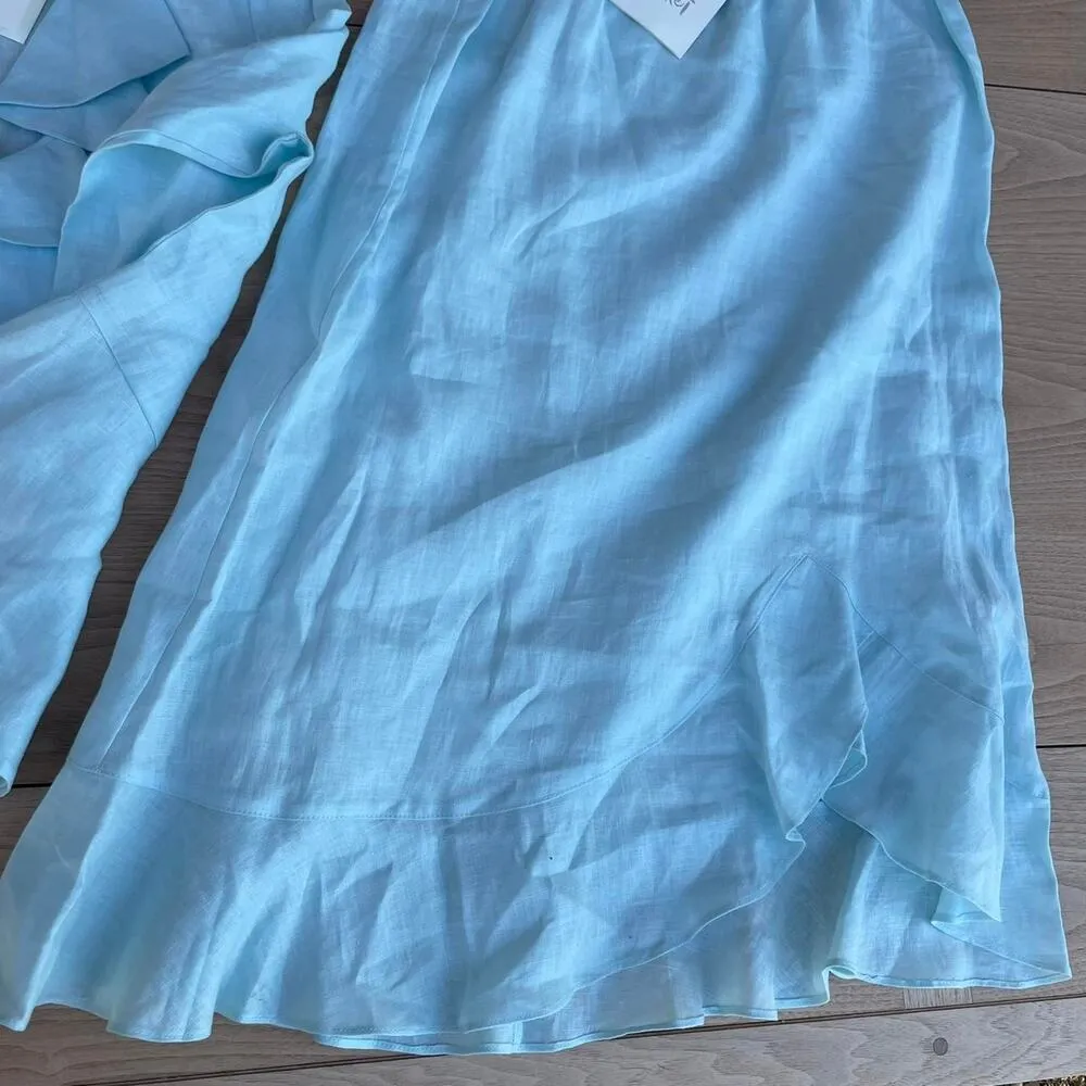 Vtg Chalet Women S Blue 100% Linen Two Piece Set Button Up Skirt Midi Resortwear - Image 4