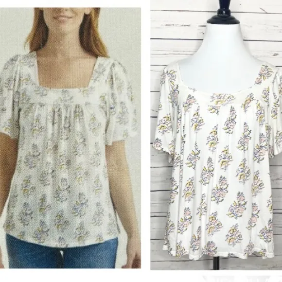 Lucky Brand Square Neck Flutter Sleeve Floral Top Size Medium White Pink Blue - Image 2