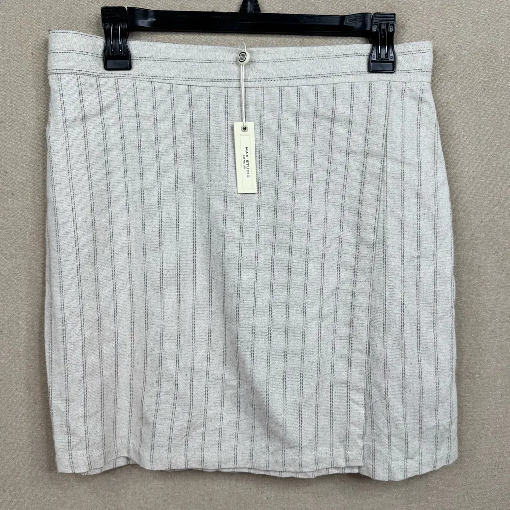 Max Studio Women's Beige Pinstripe Pullon Skirt Size L Linen Blend - Image 10